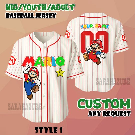 Custom Mario Baseball Jersey, Personalized Nintendo Family Matching Shirt, Universal Studios Super Mario Tee