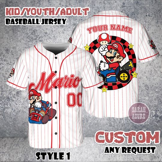Custom Mario Kart Baseball Jersey, Personalized Nintendo Family Shirt
