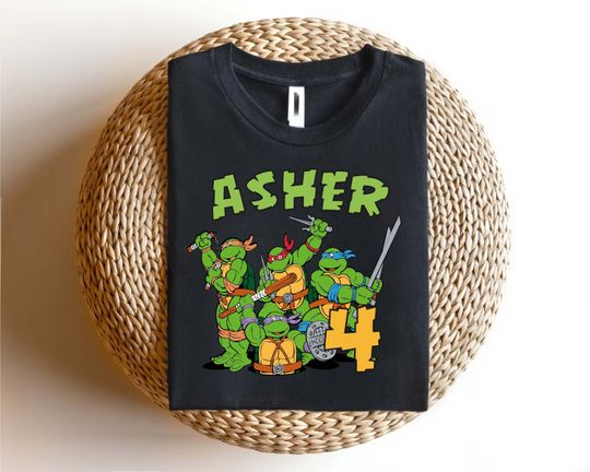 Turtles Birthday Boy Black Shirt,Custom Turtle Birthday Party Shirts,Turtles Matching Tee,Anime Boy Tee,Green Turtles Shirt