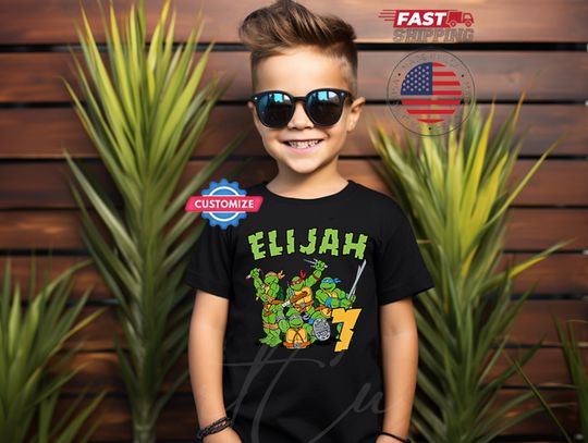 Turtles Birthday Boy Black Shirt,Custom Turtle Birthday Party Shirts,Turtles Matching Tee,Anime Boy Tee,Green Turtles Shirt