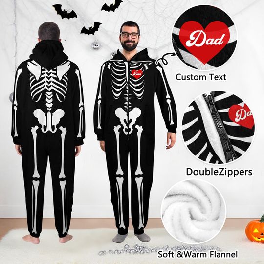 Custom Matching Skeleton Onesie Pajamas, Flannel Hooded Zippered Family Sleepwear Set, Funny Halloween Costume for Adults Kids & Dogs