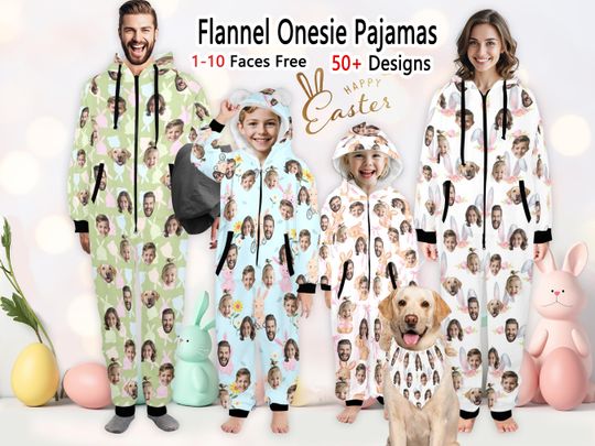 Personalized Easter Flannel Onesie Pajamas for Adult Kid, Custom Face Zipper One-Piece Hooded Pajamas 2025 Easter Party Gift Spring Pajamas
