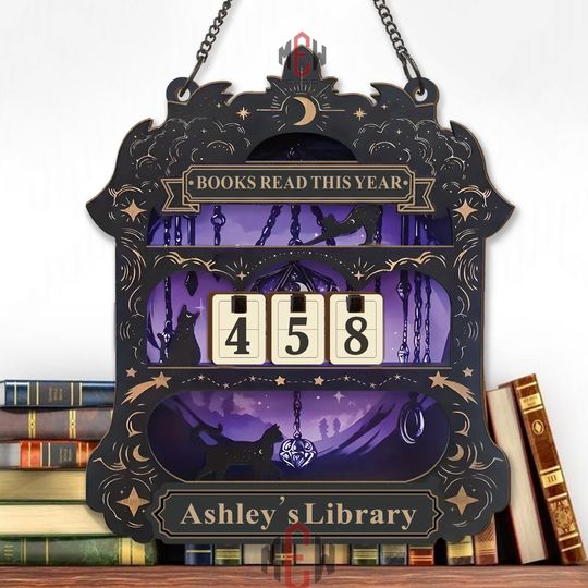 Books Read This Year Tracker  Gothic Cat Library Sign, Celestial Reading Counter, Personalized Wood Decor, Witchy Book Lover Gift