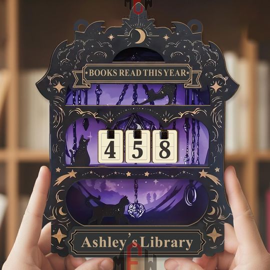 Books Read This Year Tracker  Gothic Cat Library Sign, Celestial Reading Counter, Personalized Wood Decor, Witchy Book Lover Gift