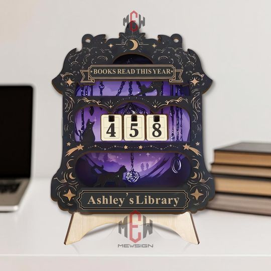 Books Read This Year Tracker  Gothic Cat Library Sign, Celestial Reading Counter, Personalized Wood Decor, Witchy Book Lover Gift