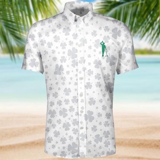 St Patrick Golf Hawaiian Shirt For Men, Clover Button Up Shirt, Shamrock Golf Shirt, Irish Golf Outfit, Summer Vacation Shirt