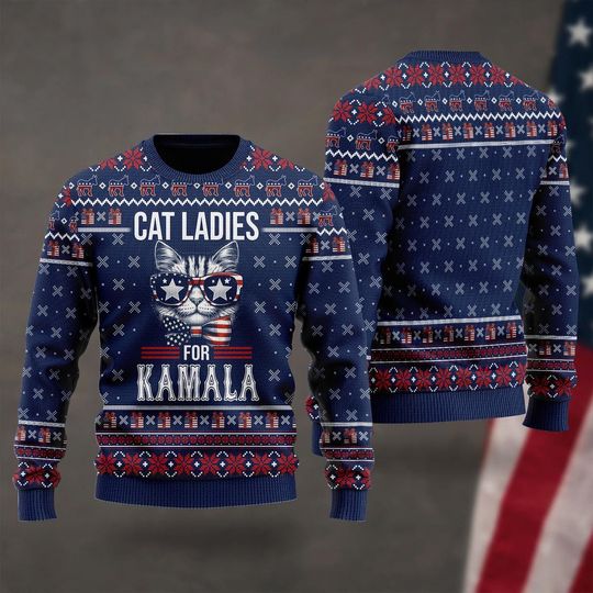 Cat Ladies For Kamala Ugly Christmas Sweater, Merry Harrismas Ugly Sweater, Childless Cat Ladies Kamala Harris Ugly Christmas Shirt