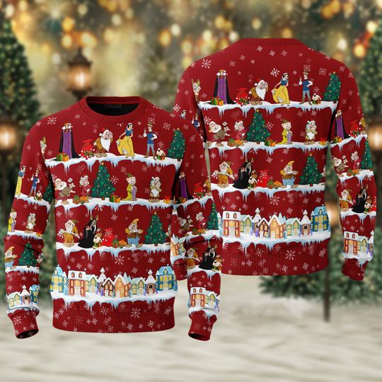 Snow White Christmas 3D Ugly Sweater, Snow White Princess And Seven Dwarfs Group Xmas Sweatshirt, Family Christmas Gift For Men Women Kid