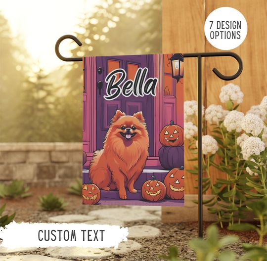 Personalized Name Pomeranian Halloween Garden Flag,Custom Dog Flags