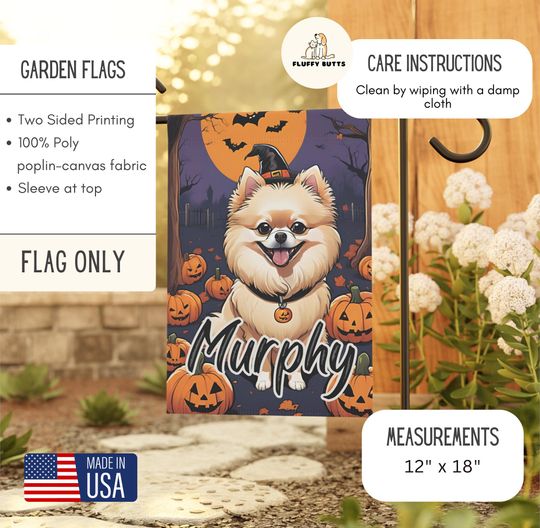 Personalized Name Pomeranian Halloween Garden Flag,Custom Dog Flags