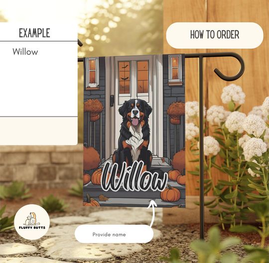 Personalized Name Bernese Mountain Dog Halloween Garden Flag,Custom Fall Berner Flags,Outdoor Decor,Pet Owner Gift,Mom Gifts,Dad Present