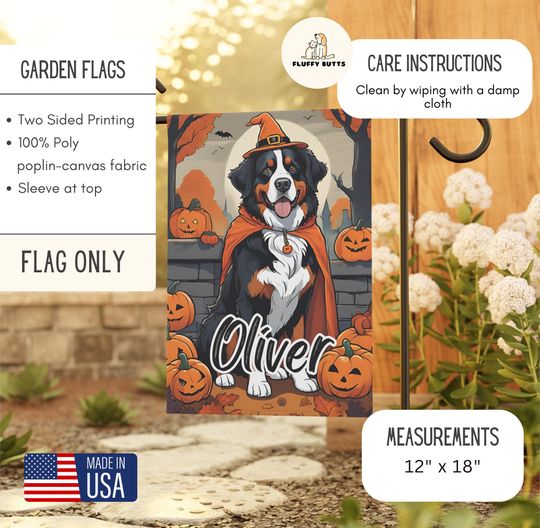 Personalized Name Bernese Mountain Dog Halloween Garden Flag,Custom Fall Berner Flags,Outdoor Decor,Pet Owner Gift,Mom Gifts,Dad Present