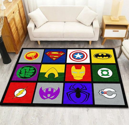 Super Hero Rug,Super Hero Logos, Hero Themed Kids Room Decor,Baby Room Rug Movie Rug