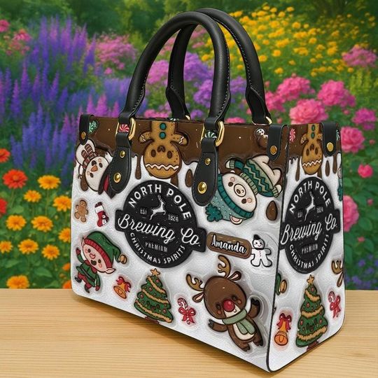 Personalized Vintage North Pole Christmas Handbag, Custom Holiday Purse with Reindeer Snowman Gingerbread, Xmas Gift for Her