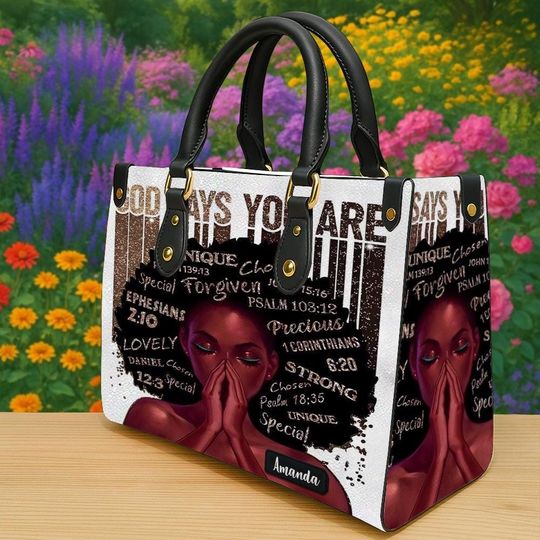 Personalized Black Women Handbag, African American Bag With Bible Verses, Custom Name God Says You Are Bag, Christian Gift
