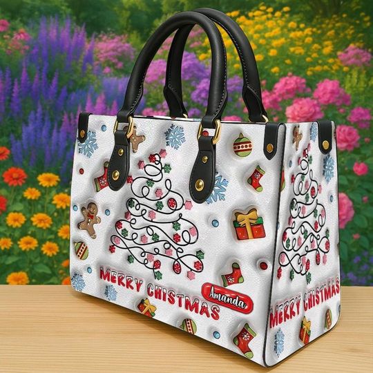 Christmas Tree Light Leather Handbag & Wallet, Holiday Gingerbread and Gifts, Festive Winter Bag