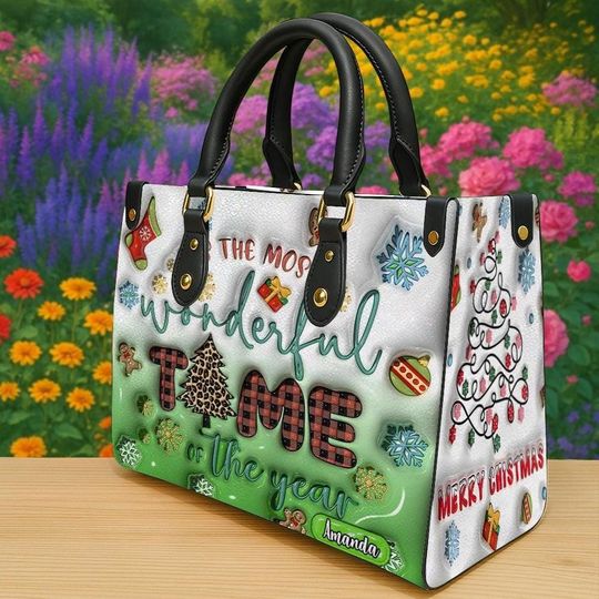Personalized Wonderful Time Christmas Handbag, Custom Holiday Purse With Plaid Tree Snowflake, Xmas Gift for Women