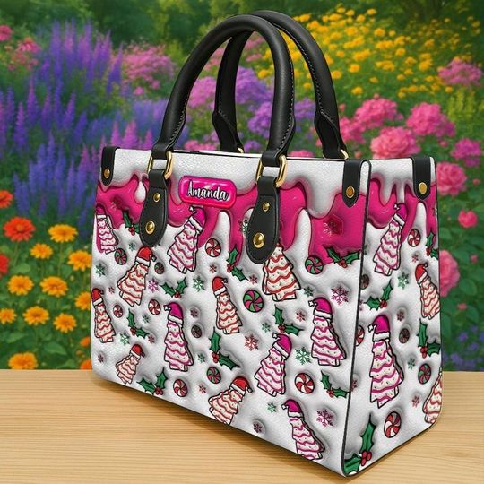 Personalized Christmas Tree Handbag, Pink Dripping Holiday Purse, Custom Name Candy Cane Gingerbread Xmas Gift for Her
