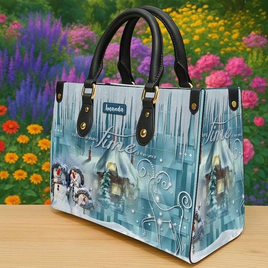 Personalized Winter Wonderland Tote Bag, Custom Name Christmas Purse, Snowman Reindeer Holiday Gift for Women, Winter Handbag