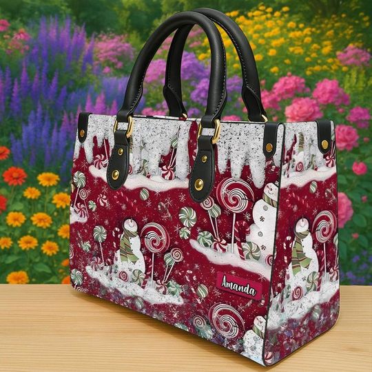 Personalized Candy Wonderland Tote Bag, Custom Name Christmas Purse, Sweet Holiday Gift, Peppermint Snowman Winter handbag