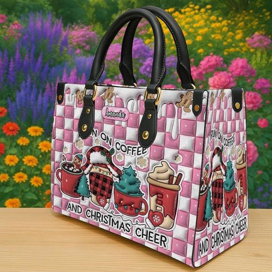 Personalized Christmas Coffee Tote Bag, Custom Name Holiday Gift, Cute Pink Plaid Coffee Lover Purse, Xmas Cheer Handbag