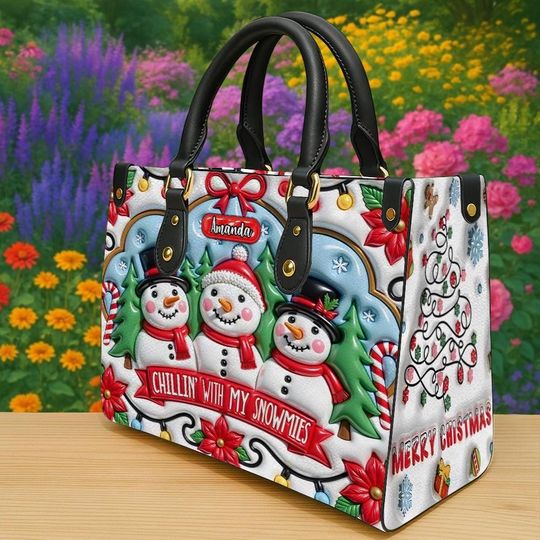 Personalized Snowman Family Christmas Handbag, Custom Holiday Purse with Funny Chillin With My Snowmies Design, Xmas Gift for Her