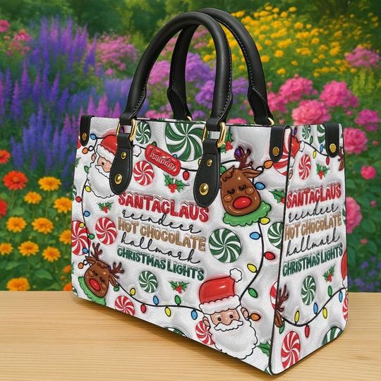 Personalized Santa Claus Christmas Handbag, Custom Name Holiday Purse, Reindeer And Lights Festive Bag, Hot Cocoa Winter Gift