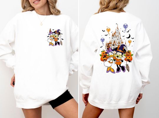 Disney Minnie And Daisy Pumpkin Double Sided Sweatshirt, Minnie And Daisy Halloween Sweatshirt, Halloween Minnie And Daisy Disney Trip, Disney Gift