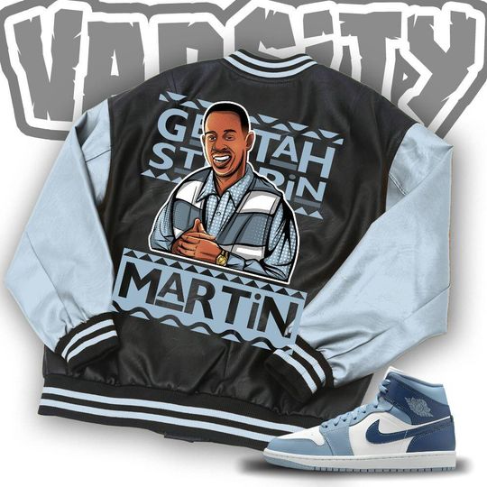 Custom  Blue Grey Unisex Varsity Jacket, Martin Cartoon