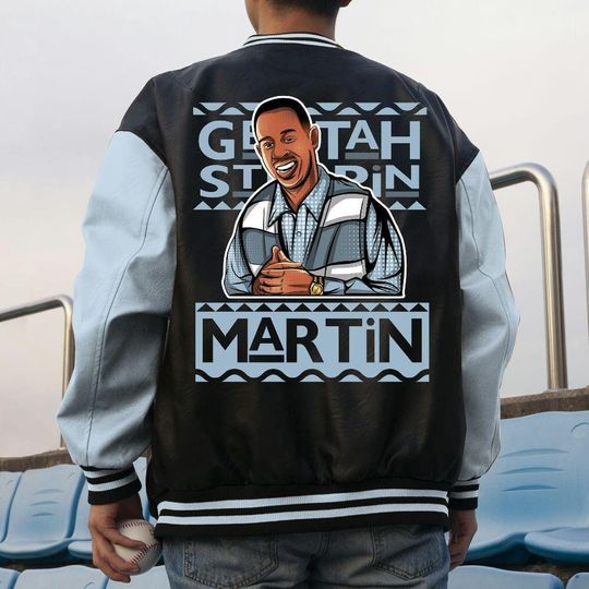 Custom  Blue Grey Unisex Varsity Jacket, Martin Cartoon