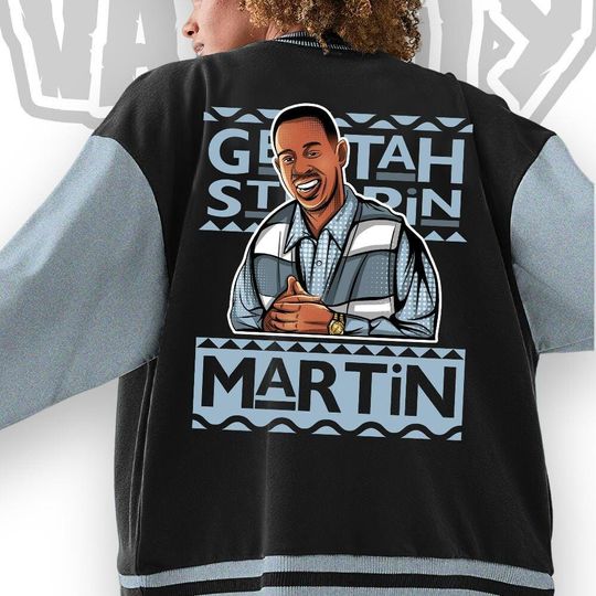 Custom  Blue Grey Unisex Varsity Jacket, Martin Cartoon