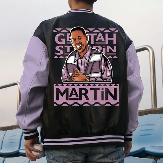 Custom Orchid Unisex Varsity Jacket, Martin Cartoon