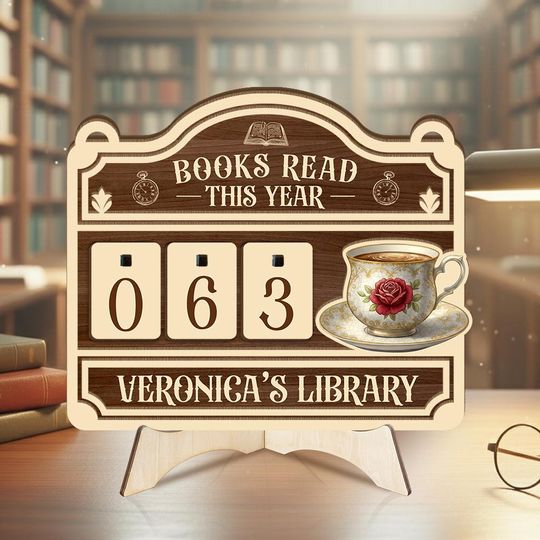 Personalized Cat Book Tracker - Books Read This Year Counter, Vintage Book Read Tracker, Gift for Readers, Book Lovers Gift, Bookshelf Decor