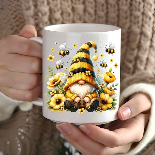 Gnome Mug, Fairy Gnome Making Honey Ceramic Mug, Cute Beekeeper Gift