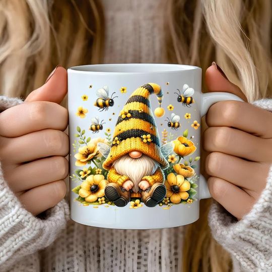 Gnome Mug, Fairy Gnome Making Honey Ceramic Mug, Cute Beekeeper Gift