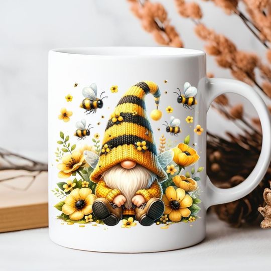 Gnome Mug, Fairy Gnome Making Honey Ceramic Mug, Cute Beekeeper Gift