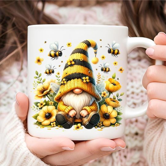 Gnome Mug, Fairy Gnome Making Honey Ceramic Mug, Cute Beekeeper Gift