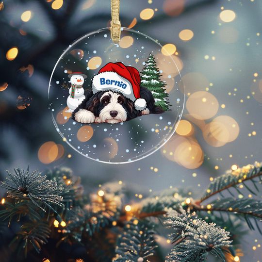 Bernedoodle Wearing a Santa Hat - Acrylic Ornament - Personalized Christmas Doodle Decor