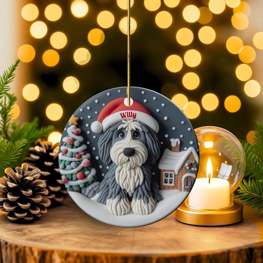 Personalized Sheepadoodle Ceramic Ornament - Two Sided Clay Scene