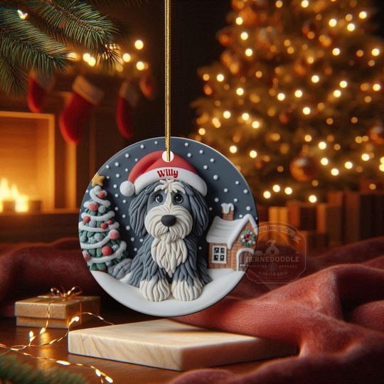 Personalized Sheepadoodle Ceramic Ornament - Two Sided Clay Scene