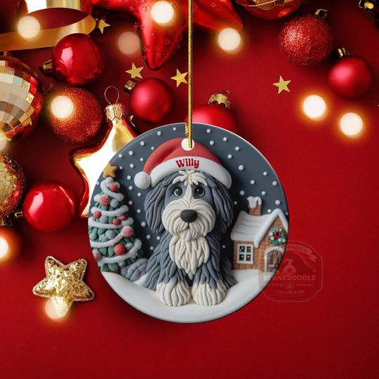 Personalized Sheepadoodle Ceramic Ornament - Two Sided Clay Scene