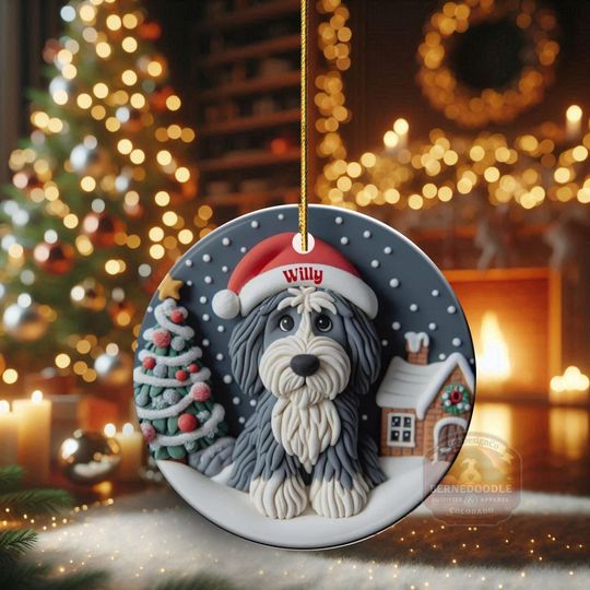 Personalized Sheepadoodle Ceramic Ornament - Two Sided Clay Scene