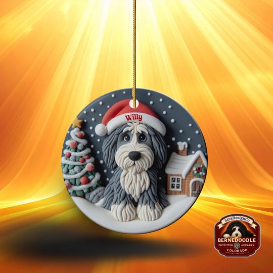 Personalized Sheepadoodle Ceramic Ornament - Two Sided Clay Scene