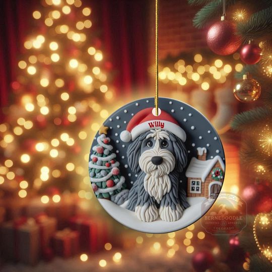 Personalized Sheepadoodle Ceramic Ornament - Two Sided Clay Scene