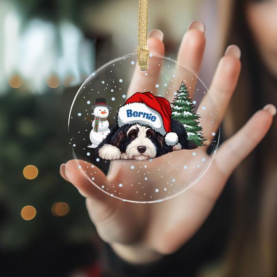 Bernedoodle Wearing a Santa Hat - Acrylic Ornament - Personalized Christmas Doodle Decor