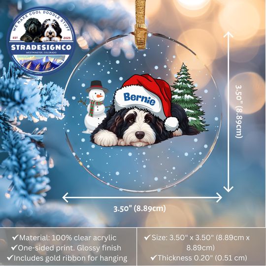 Bernedoodle Wearing a Santa Hat - Acrylic Ornament - Personalized Christmas Doodle Decor