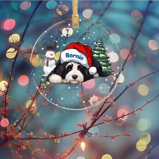 Bernedoodle Wearing a Santa Hat - Acrylic Ornament - Personalized Christmas Doodle Decor