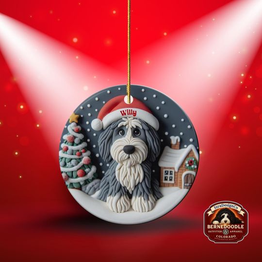 Personalized Sheepadoodle Ceramic Ornament - Two Sided Clay Scene