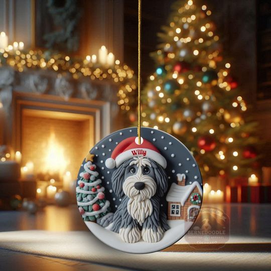 Personalized Sheepadoodle Ceramic Ornament - Two Sided Clay Scene