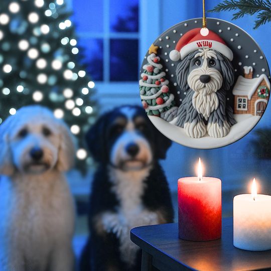Personalized Sheepadoodle Ceramic Ornament - Two Sided Clay Scene